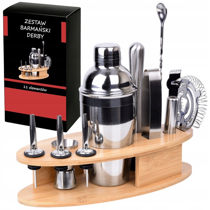 Derby bárkészlet, 11 részes, rozsdamentes acél, bambusz állvány, 550 ml shaker