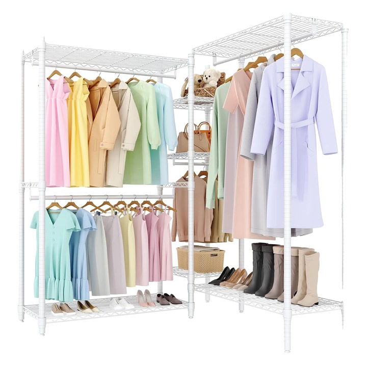 Ruhaállvány, szabadon álló kivitel, robusztus fém konstrukció, fehér