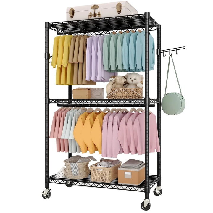 Ruhatartó állvány, 3 állítható polc, 360°-ban forgatható kerekek, fekete