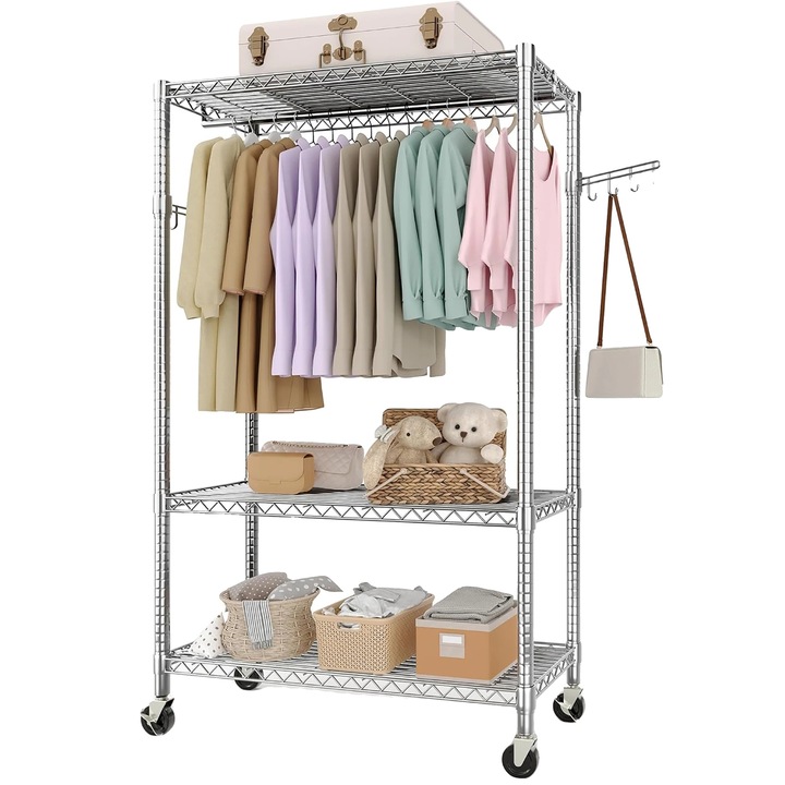 Ruhatartó állvány, 3 állítható polc, 2 akasztórúd, ezüst, mozgatható