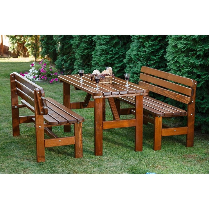 Set mobilier gradina BAVORD, 2 banci si masa, 150x70cm, lemn masiv, lacuit, maro