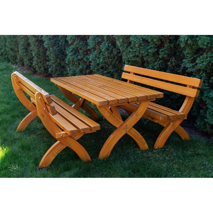 Set mobilier gradina BAVORD, 2 banci si masa, 180x80cm, lemn de brad, lacuit