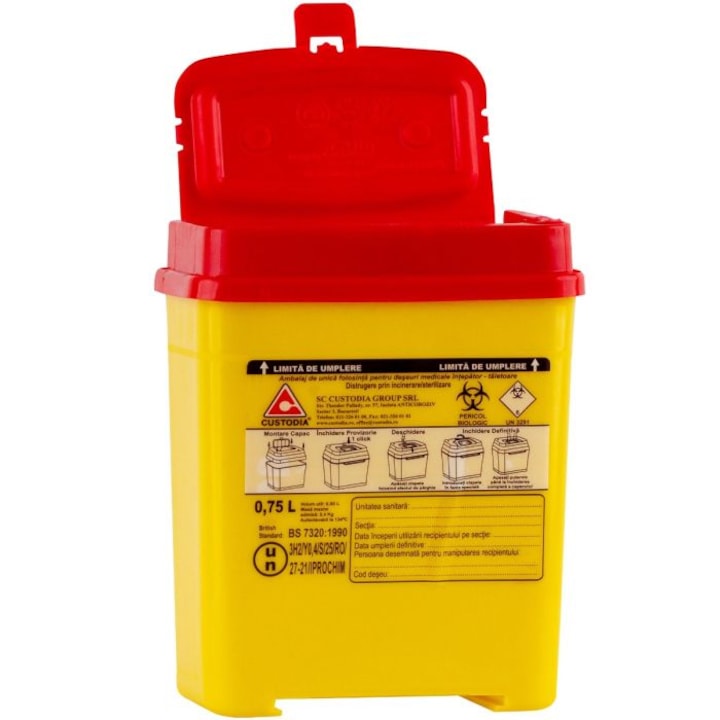 Recipient plastic pentru deseuri intepatoare, 0.75 litri, galben, unica folosinta, certificat ADR