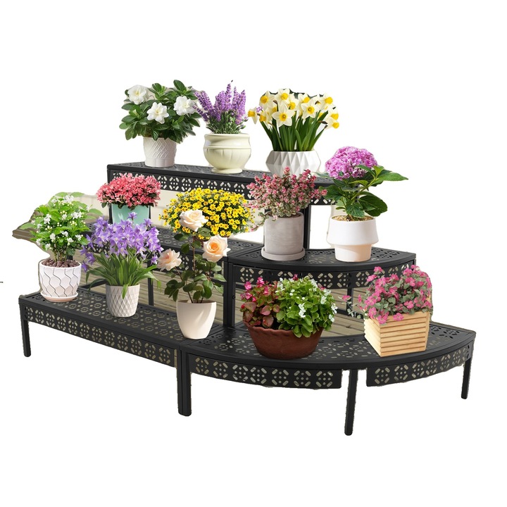 Suport pentru plante, design cu 3 niveluri, material metalic, capacitate 15kg per nivel, dimensiuni 90x110x130cm