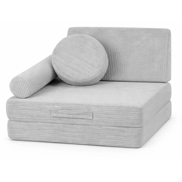 Fotoliu modular copii Flumi 2 in 1 din spuma, pliabil, catifea reiata, husa detasabila lavabila, gri