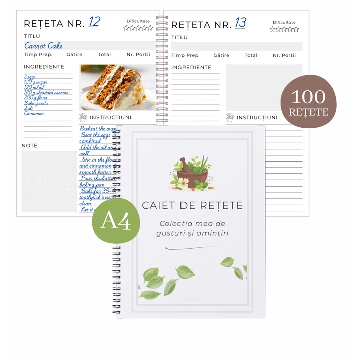 Caiet de Retete tip Agenda OBRO - 107 Pagini Pentru Organizarea Preparatelor Favorite - Carte de Bucate Personala, Limba Romana, A4