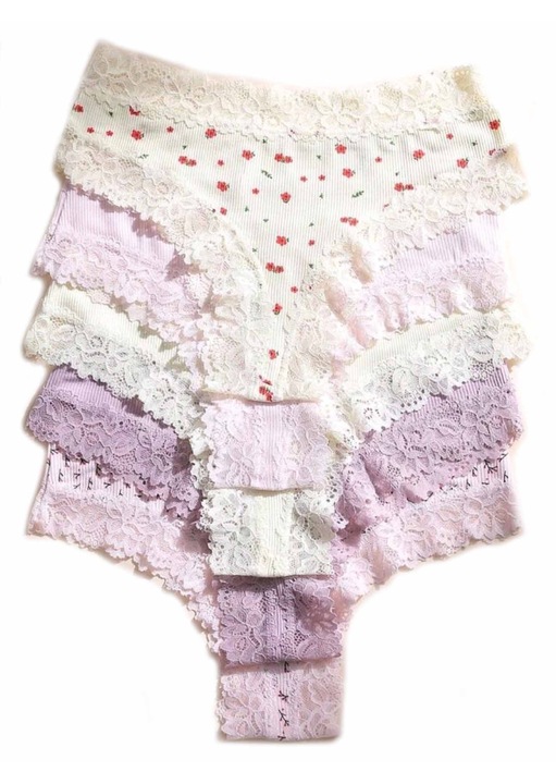 Set 5 perechi chiloti dama, dantela, multicolor, Galben/Mov/Roz
