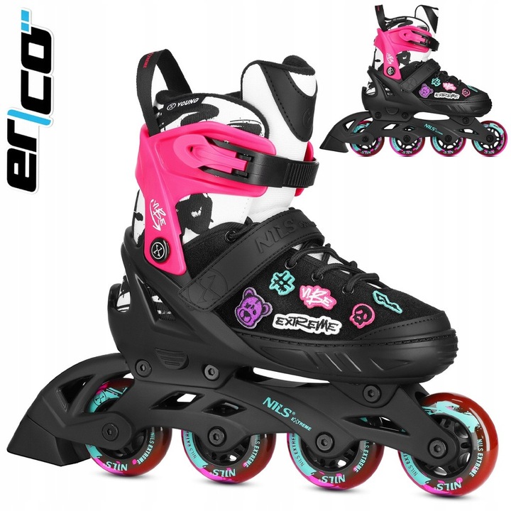 Role copii reglabile Nils Extreme VIBE NA2053A, roti PU, rulmenti ABEC-5, marime S 33-36, Negru-Roz