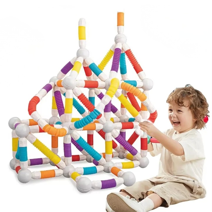 Set Constructie 3D Magnetic si Flexibil Ludiro, 108 Piese Telescopice, Jucarie STEM Educativa 3+ Ani