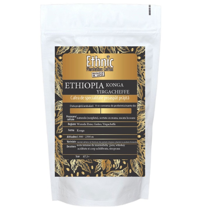 Cafea de specialitate boabe, Ethnic Plantation Coffee, Ethiopia Konga Yirgacheffe natural, 500g