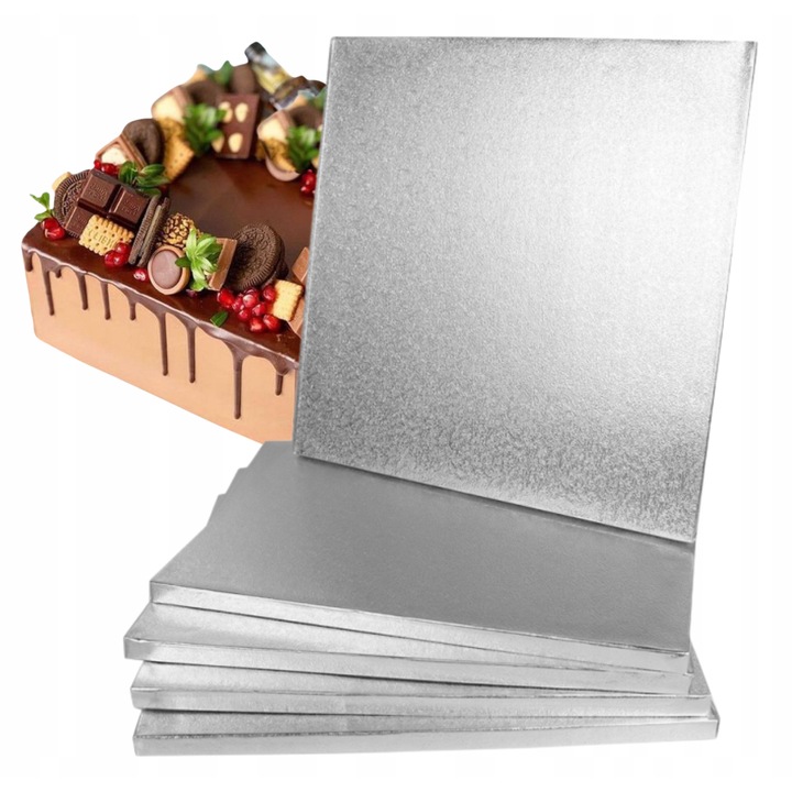 Set suporturi patrate groase pentru tort, Culpitt, 300 mm x 300 mm x 12 mm, celuloza si folie, pentru sustinerea prajiturilor cu etaje la nunti si evenimente festive deosebite, argintiu, 5 bucati