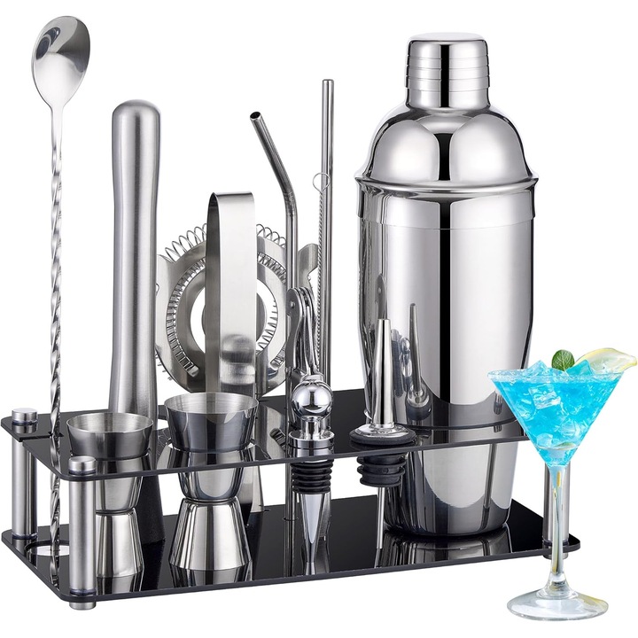 Bármixer szett 15 részes, rozsdamentes acél, 750ml, otthoni és professzionális használatra, bárpultosoknak, fekete akril tartóval, ezüst
