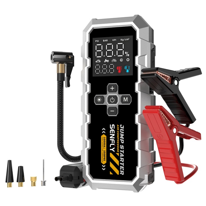 Starter auto portatil cu compresor 1000A, Redresor Auto 12V, Jump starter booster, Baterie pornire de 4L/2.5L, Robot De Pornire Auto, Senfly
