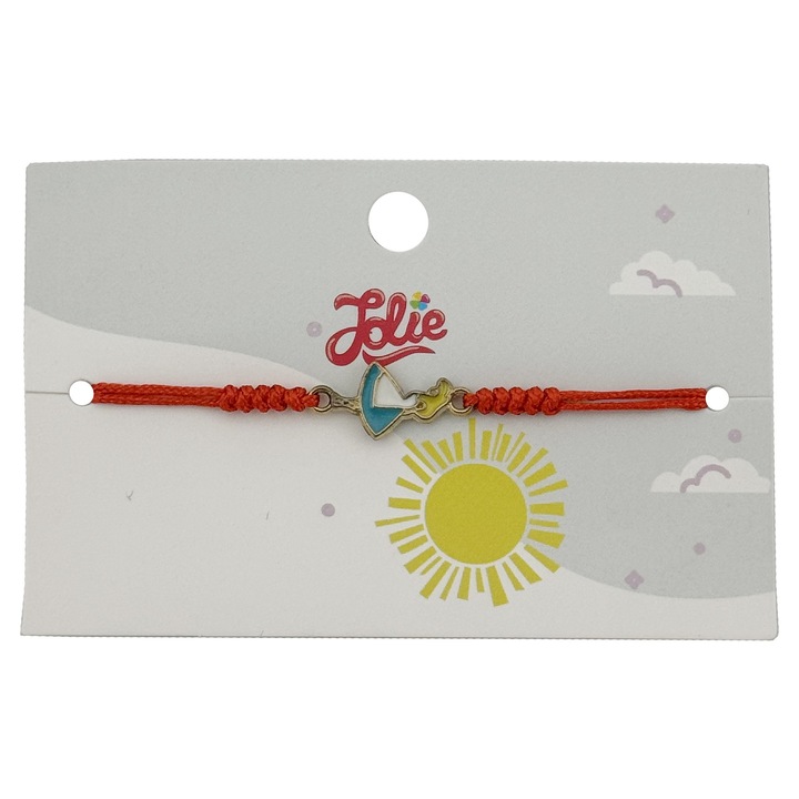 Martisor Bratara pentru Copii, Jolie, Model Fetita, din Metal Auriu cu Snur Impletit Rosu, Albastru deschis