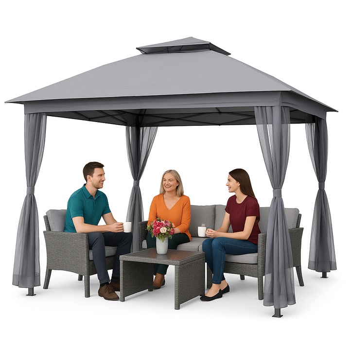 Pavilion de camping JUMI, 3x3m, antracit, cu plasa de tantari, pliabil