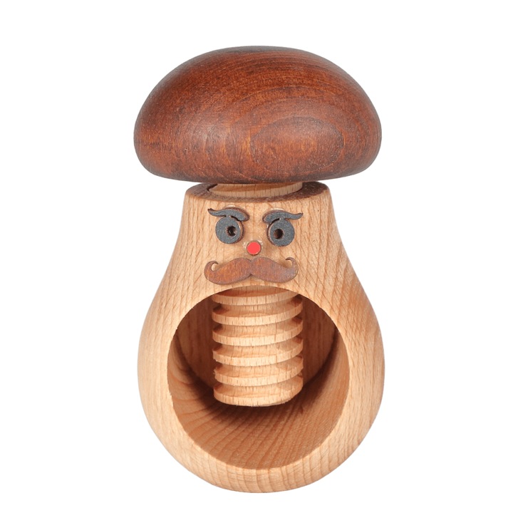 Spargator de nuci artizanal din lemn, model Ciuperca „Bunicul Mustacios”, 10 x 6 cm, Maro/Natur