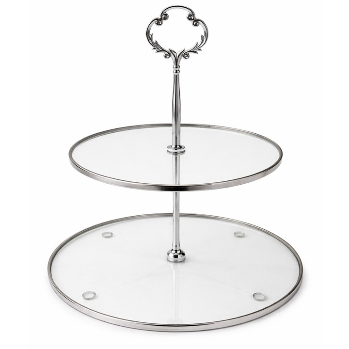 Platou Etajat din Sticla VERA Argintiu – Suport 2 Nivele pentru Prajituri si Fructe – 21/25 cm