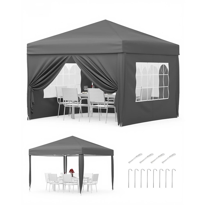 Парти шатра pop-up, Павилион 3x3 м, 4 странични стени, Водоустойчив, UV50+, Метална рамка, Бърз монтаж, Чанта за носене, Сив