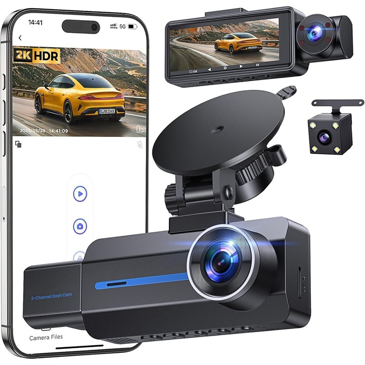 Camera auto DVR, Cu trei camere, 2.5K Full HD, HDR, Unghi Filmare 170°/150°, nregistrare in bucla, Vedere nocturna, G-Sensor, Monitorizare Parcare, Negru