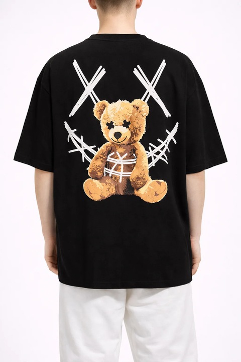 Tricou Oversize Negru Barbati – Bear Teddy Print Streetwear, Negru