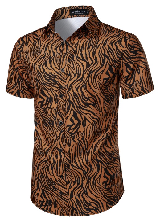 Мъжка риза, леопардов принт, кафяв цвят, размер L, комплект с къс ръкав