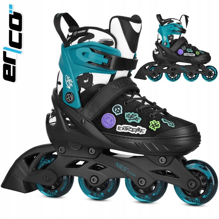 Role copii reglabile Nils Extreme VIBE NA2053A, roti PU, rulmenti ABEC-5, marime S 33-36, Negru-Turcoaz