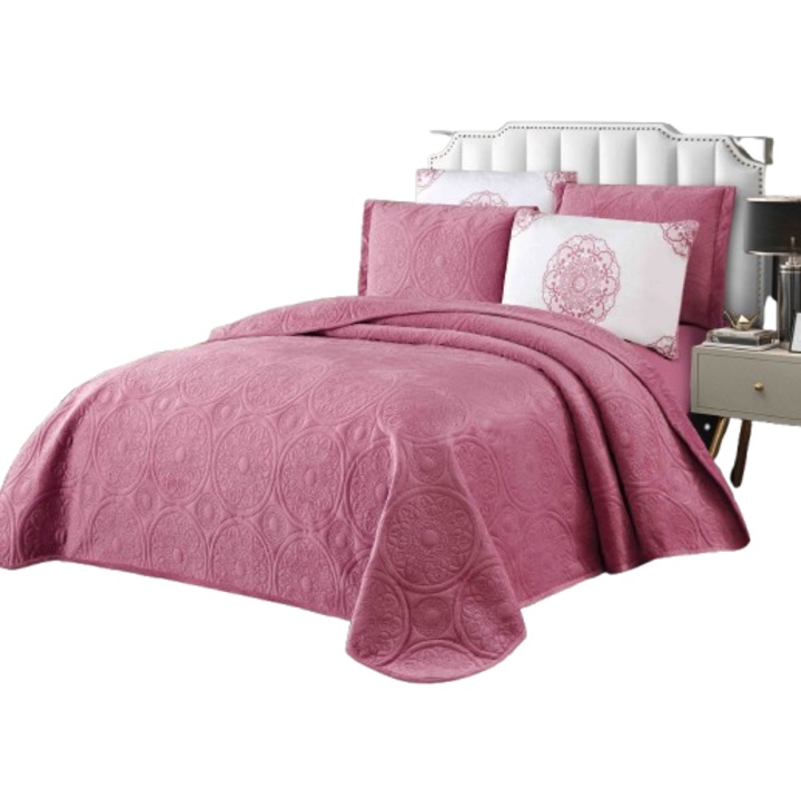 Cuvertura de pat, 2 persoane, 5 piese, 220x240 cm, roz