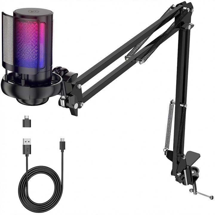XPQKDC® Gaming mikrofon csuklós karral, kondenzátor, kardioid, RGB világítás, zajszűrés, USB csatlakozás, ideális PC-hez, streaminghez, PS4-hez, PS5-höz és MAC-hez