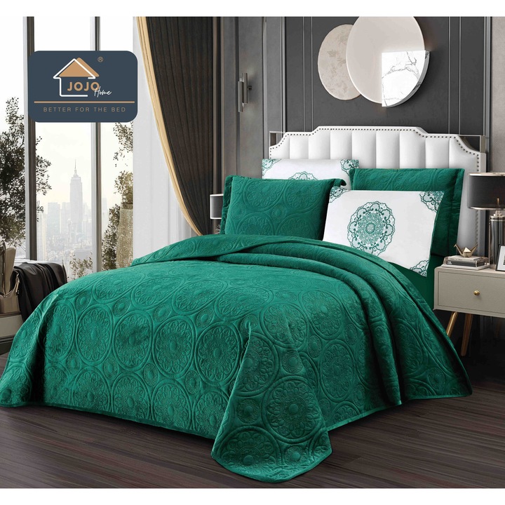 Set cuvertura catifea matlasata premium, Jojo Home, 5 piese, 220x240cm, Verde Smarald