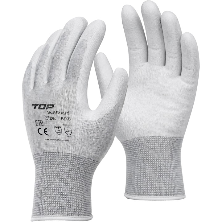 Mănuși din poliester acoperite cu PU cu fibră de carbon TOP VOLTGUARD, gri/alb, 7/S (5 perechi)