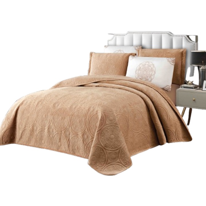 Cuvertura de pat, 2 persoane, 5 piese, 220x240 cm, bej inchis