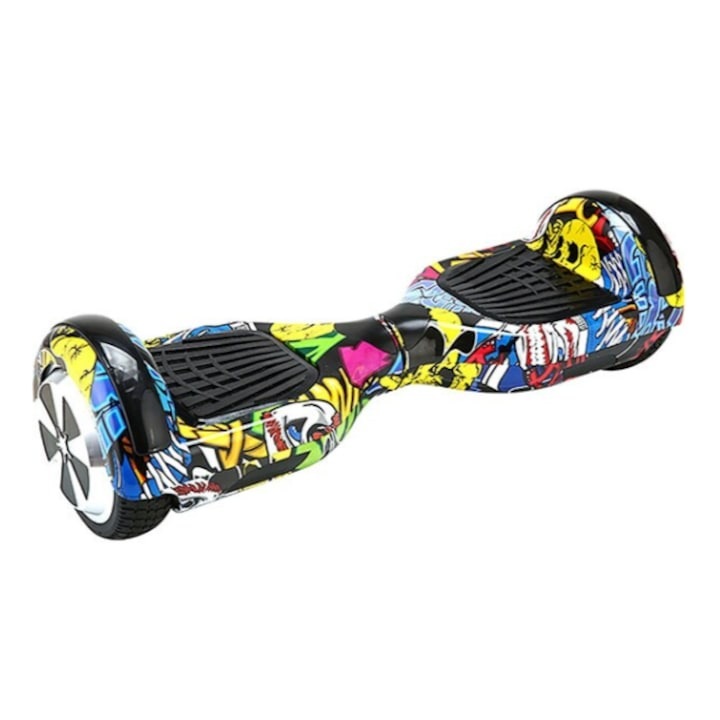 Hoverboard cu roti de 6.5”, motor 500W, boxe Bluetooth, viteza 10 km/h, autonomie 15 km, design graffiti multicolor
