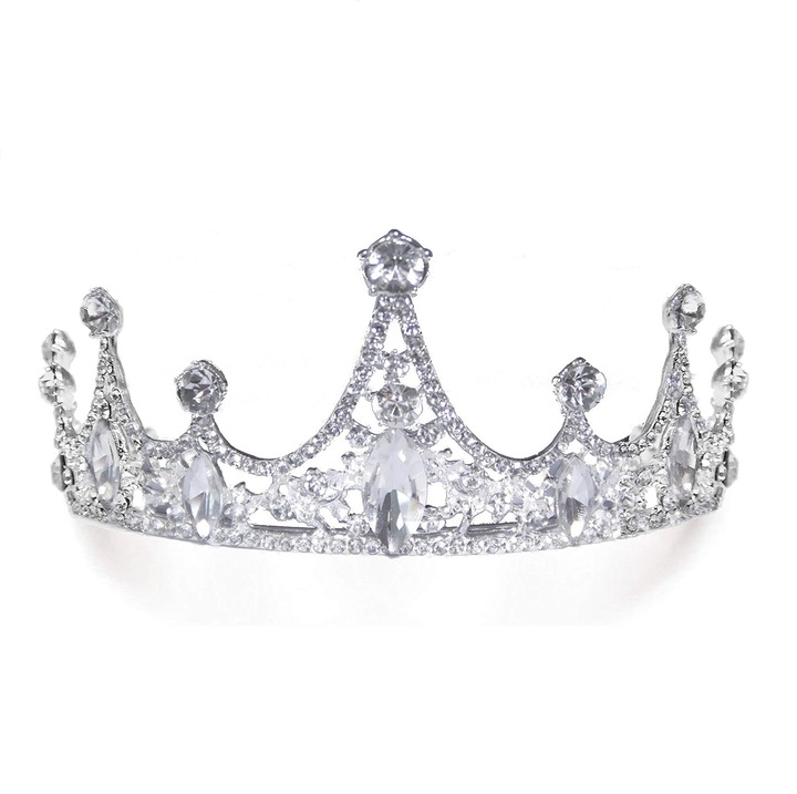Coroniță metalică argintie cu strasuri, 12.5x5.5cm, set decorativ pentru petrecere