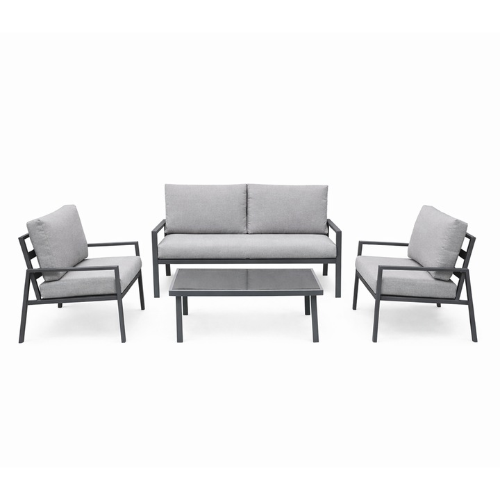 Set Mobilier Gradina Marbella Kiwari® 4 locuri, masa 90 x 50 x 40 cm, fotolii 70 x 73 x 75 cm canapea 130 x 73 x 75 cm, cadru metal, sticla 5 mm, perne detasabile 11 cm, Gri