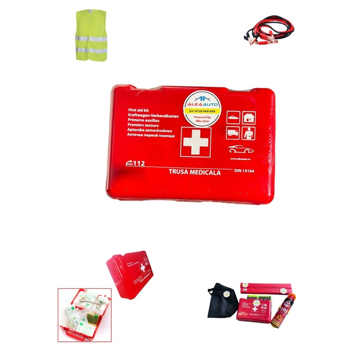 Kit siguranta auto, contine extinctor tip spray, trusa medicala omologata european, 2 x triunghi reflectorizant, vesta reflectorizanta universala, cabluri curent cadou
