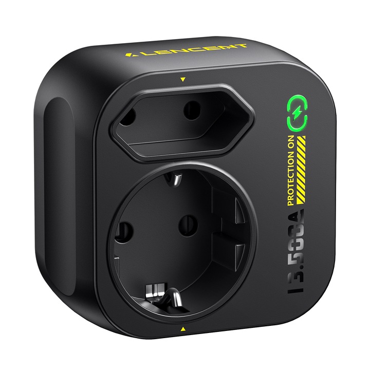 Dublu Stecher cu Protectie, LENCENT®, stecher cu protectie supra tensiune, 13500A, 1 Schuko + 1 priza Euro, Material ignifug, Protector de surturi pentruelectronice valoroase (3600 W 16 A)