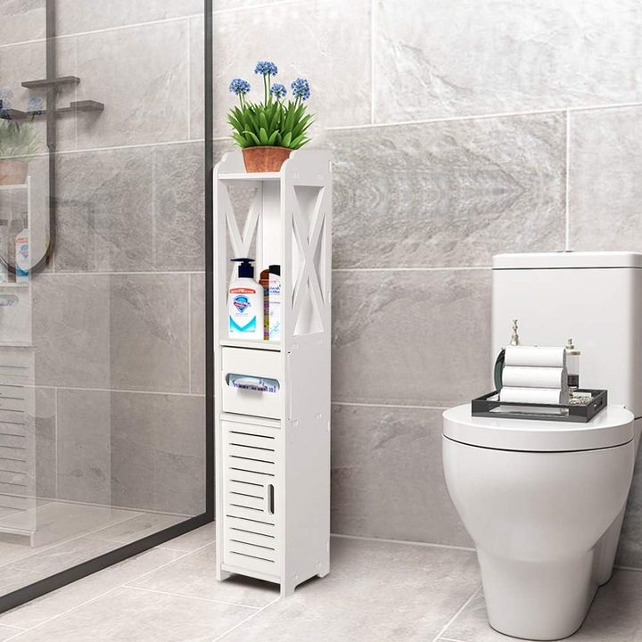 Dulap pentru baie, Bedee, Material lemn-plastic impermeabil, compartiment deschis, compartiment pentru prosoape de hartie, pentru living, dormitor, bucatarie, sufragerie, birou, balcon, baie si camera de studiu, 80 * 15 * 15, 5 cm, alb
