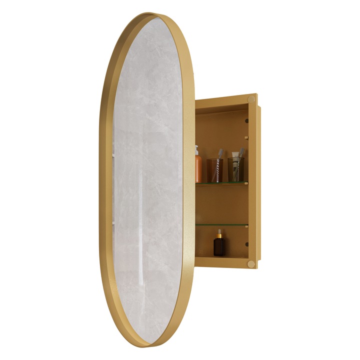Oglinda cu rama metalica de 85 cm, ovala, finisaj auriu, cu rafturi interioare reglabile si compartiment de depozitare. Prezinta o oglinda ovala pentru machiaj. Potrivita pentru bai, dormitoare sau sufragerii, 85 × 51, 5 cm