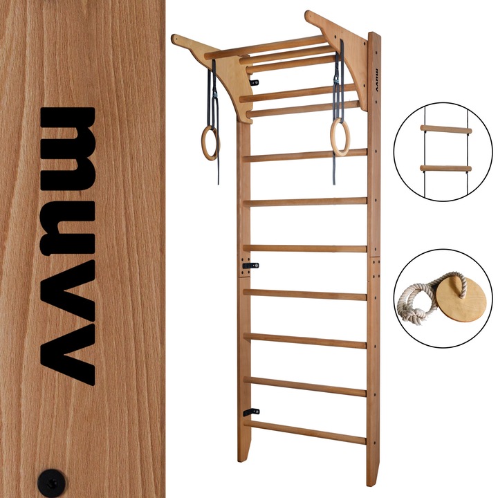 MUVV | Scara espalier - 220x80 CM - Lemn natur - Lemn masiv de fag - Ideala pentru copii si adulti