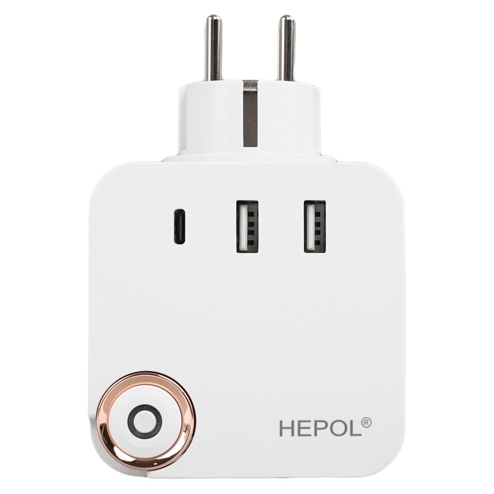 Adaptor cub "E19"3 pr. schuko, 2 USB-A, 1 USB-C, 250V, 16A, 3680W Hepol