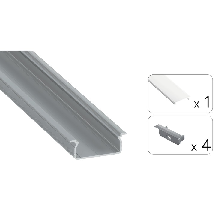 Set: Profil din aluminiu Tekkni Selde incastrat + dispersor opal pentru benzi LED – Argintiu anodizat – 2 m