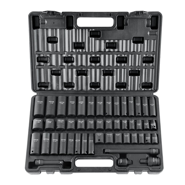 Set de 48 de chei cu impact 3/8", VEVOR, dimensiuni SAE 5/16"-3/4" si metric 8-22mm, cutie de transport inclusa