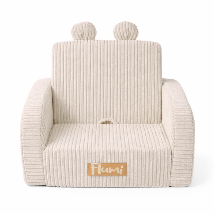 Fotoliu copii extensibil Flumi 2 in 1, pliabil din spuma, catifea reiata, husa detasabila lavabila, buzunare laterale, bej
