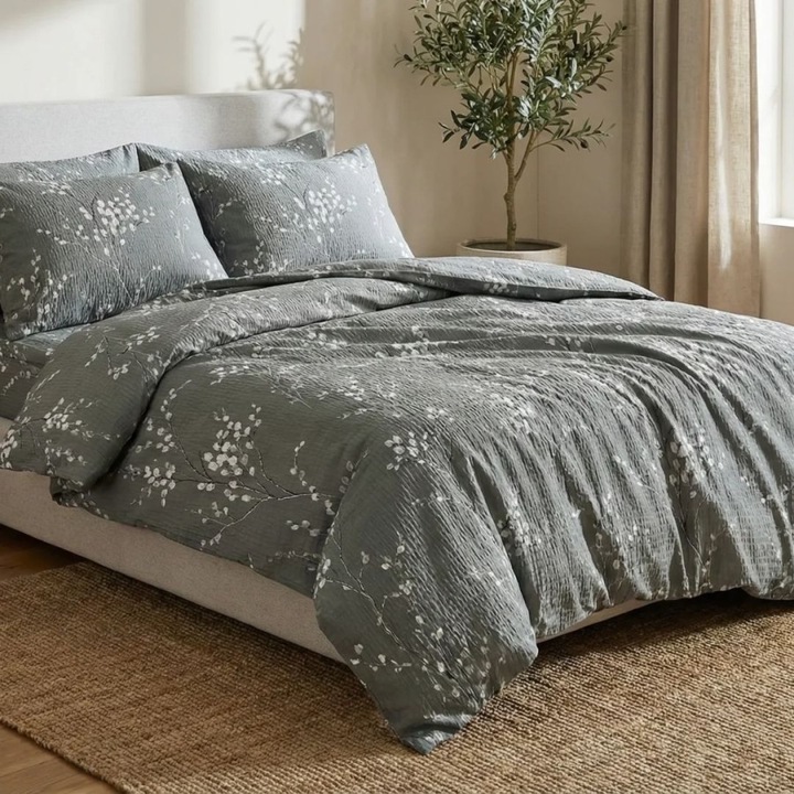 Lenjerie de pat dublu creponata, bumbac 100%, 4 piese, cearceaf de pat cu elastic 160x200 cm, Lenjerii Deosebite, Gri cu crengute