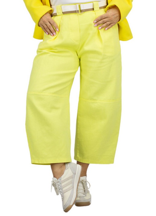 Pantaloni dama Mom Jeans 7/8 galben lamaie, 100% bumbac, talie medie cu elastic, curea inclusa, croiala conica – Agrafka unisize