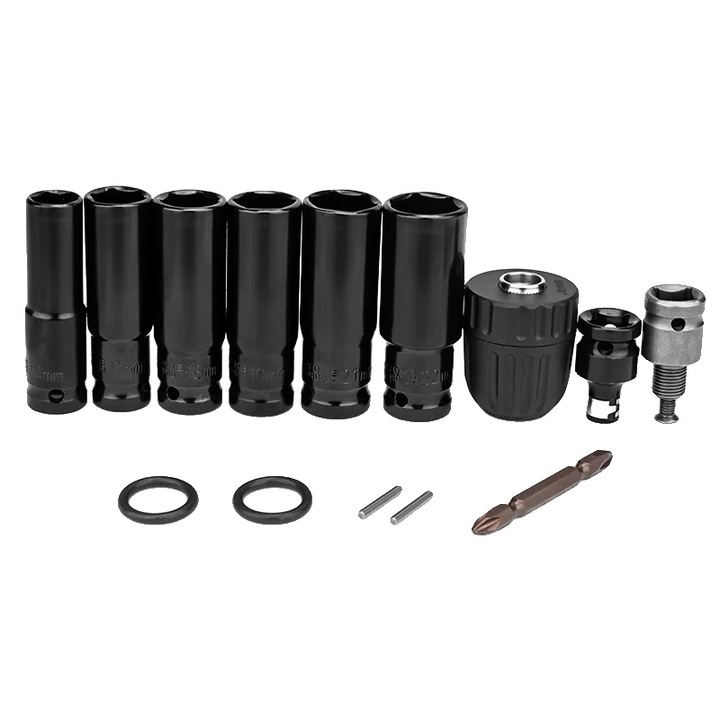 Set de adaptoare pentru cheie cu impact, metal durabil, compatibilitate versatila, 6 mansoane, 2 adaptoare, 2 suruburi, 1 mandrina, 1 cap de biti