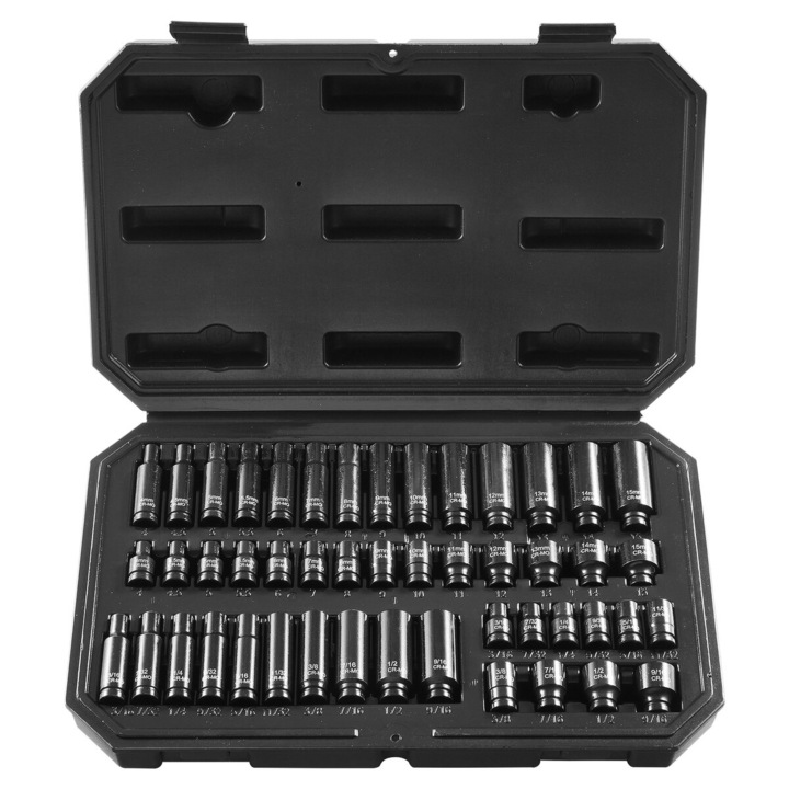 Set de 48 piese chei cu impact 1/4", VEVOR, din otel Cr-Mo, dimensiuni SAE 3/16"-9/16" si metric 4-15mm, cutie de transport robusta