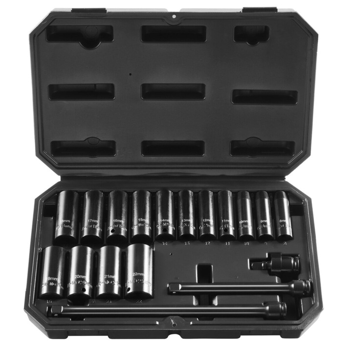 Set de 18 Piese Chei cu Impact 3/8", VEVOR, 8-22mm, Otel CR-V, Cutie de Depozitare