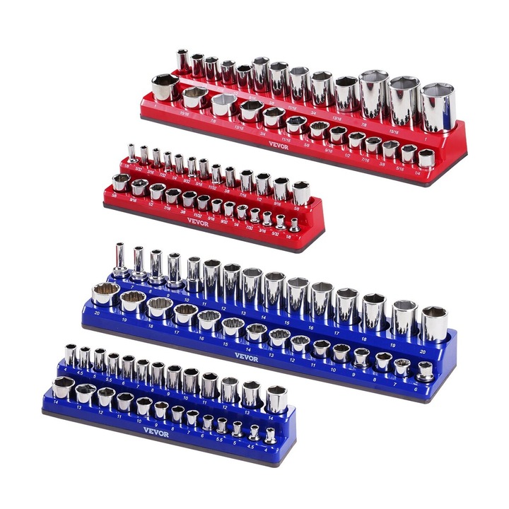 Set organizatoare priza magnetica 4 buc, VEVOR, pentru priza metrica si SAE, albastru si rosu