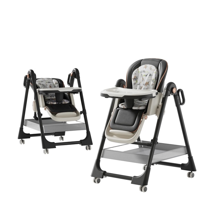 Scaun de masa pentru bebe, inaltime ajustabila, design pliabil, gri inchis